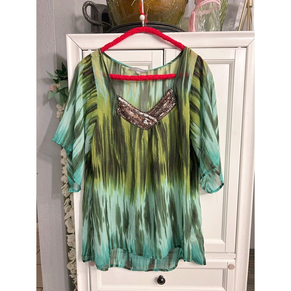 Sequin Sheer Chiffon‎ Blouse LARGE Loose Flowy Summer Boho